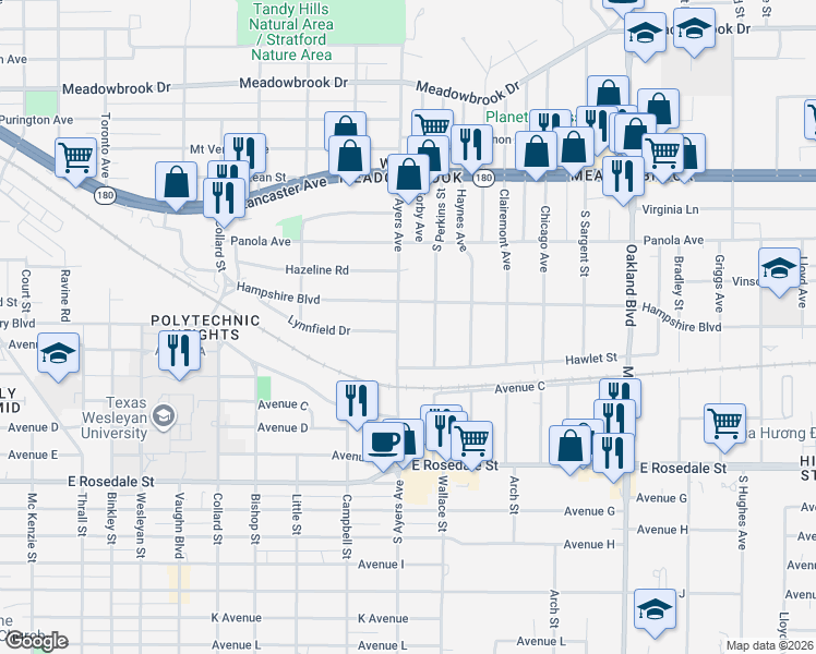 map of restaurants, bars, coffee shops, grocery stores, and more near 821 South Ayers Avenue in Fort Worth