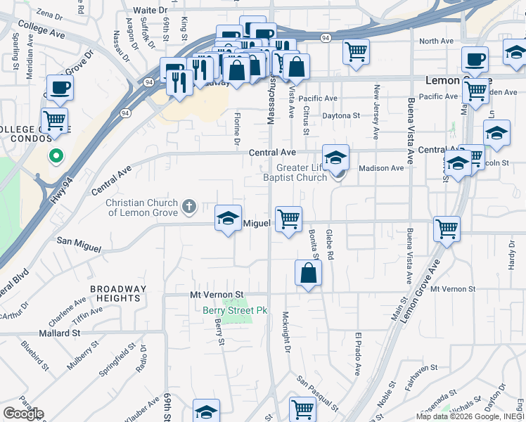 map of restaurants, bars, coffee shops, grocery stores, and more near 2768 Massachusetts Avenue in Lemon Grove
