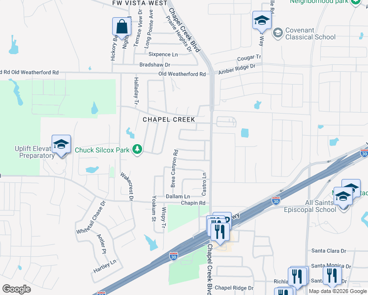 map of restaurants, bars, coffee shops, grocery stores, and more near 10252 Brea Canyon Road in Fort Worth