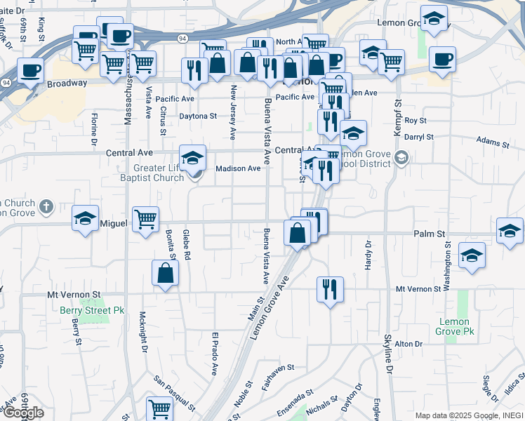 map of restaurants, bars, coffee shops, grocery stores, and more near 2760 Buena Vista Avenue in Lemon Grove