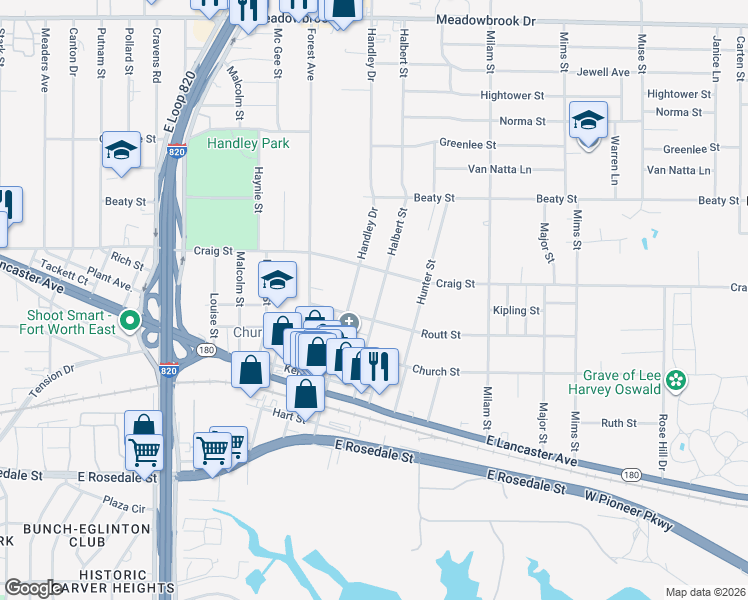 map of restaurants, bars, coffee shops, grocery stores, and more near 2928 Halbert Street in Fort Worth
