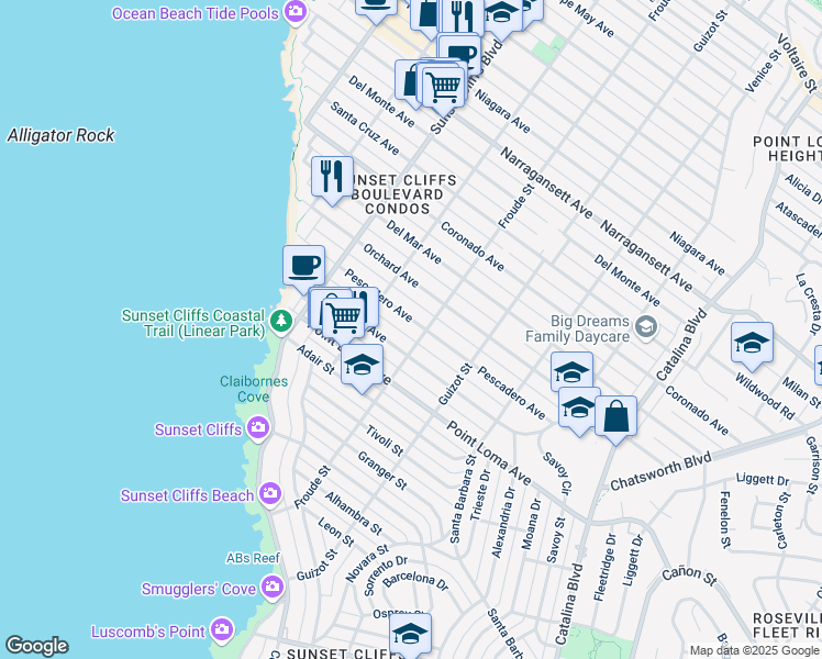 map of restaurants, bars, coffee shops, grocery stores, and more near 4621 Pescadero Avenue in San Diego
