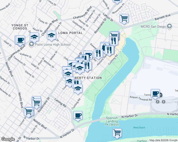 map of restaurants, bars, coffee shops, grocery stores, and more near 2448 Historic Decatur Road in San Diego