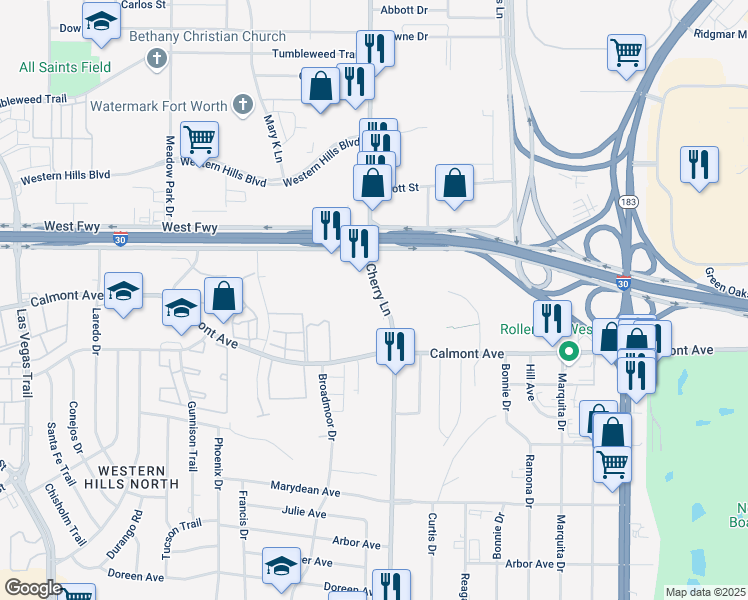 map of restaurants, bars, coffee shops, grocery stores, and more near 2620 South Cherry Lane in Fort Worth