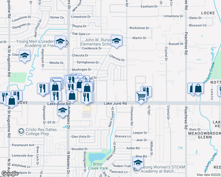 map of restaurants, bars, coffee shops, grocery stores, and more near 1346 Friendship Drive in Dallas