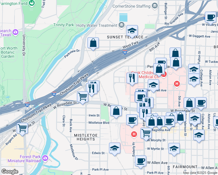 map of restaurants, bars, coffee shops, grocery stores, and more near 850 12th Avenue in Fort Worth