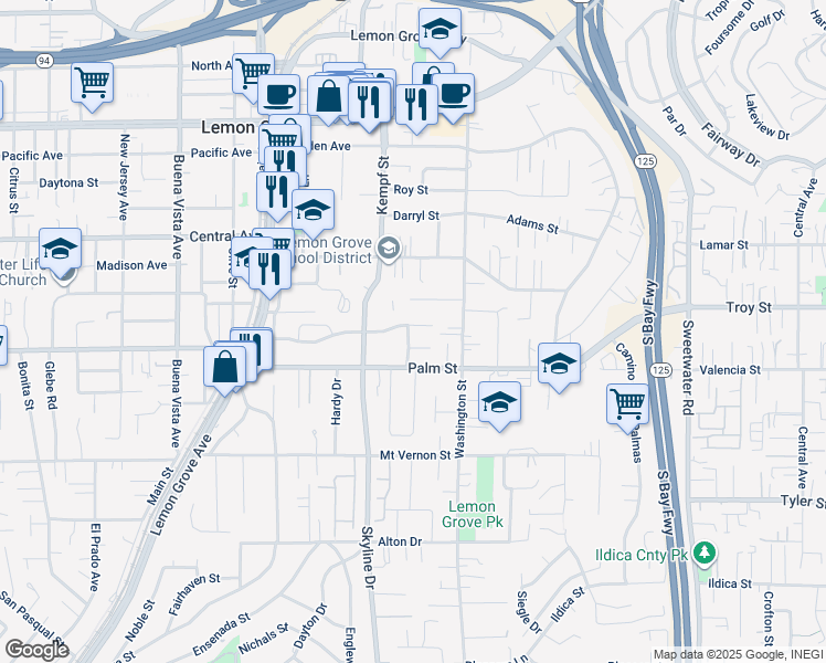 map of restaurants, bars, coffee shops, grocery stores, and more near 8065 Longdale Drive in Lemon Grove