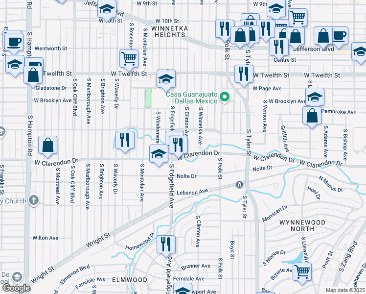 map of restaurants, bars, coffee shops, grocery stores, and more near 1003 South Clinton Avenue in Dallas