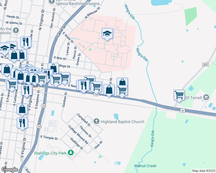 map of restaurants, bars, coffee shops, grocery stores, and more near 115 North Burch Street in Terrell