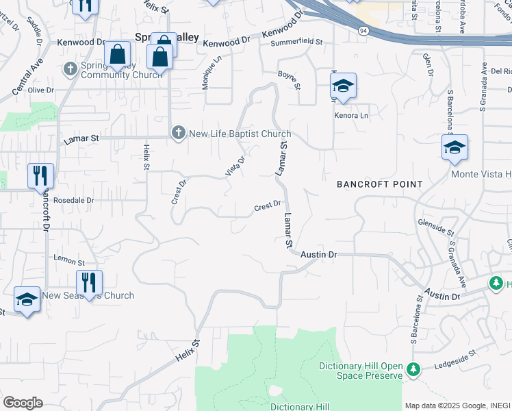 map of restaurants, bars, coffee shops, grocery stores, and more near 9454 Crest Drive in Spring Valley