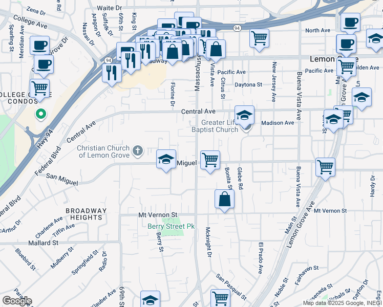 map of restaurants, bars, coffee shops, grocery stores, and more near 2768 Massachusetts Avenue in Lemon Grove