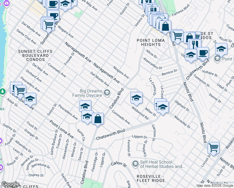 map of restaurants, bars, coffee shops, grocery stores, and more near 1744 Catalina Boulevard in San Diego
