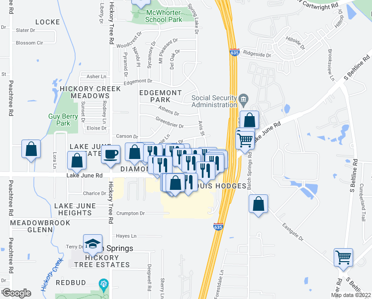 map of restaurants, bars, coffee shops, grocery stores, and more near 1244 Briarwood Court in Mesquite