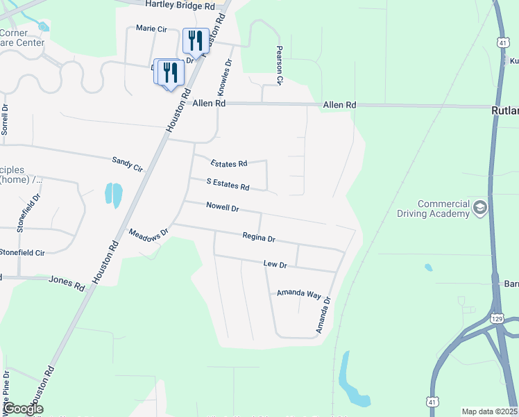 map of restaurants, bars, coffee shops, grocery stores, and more near 2763 Nowell Drive in Macon