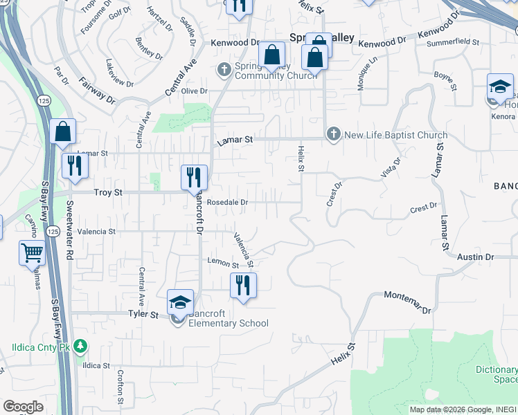 map of restaurants, bars, coffee shops, grocery stores, and more near 9105A Rosedale Drive in Spring Valley