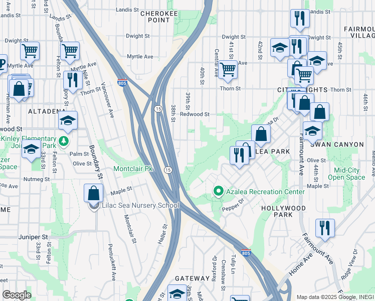 map of restaurants, bars, coffee shops, grocery stores, and more near 2924 39th Street in San Diego