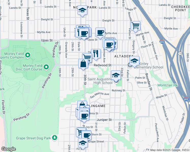 map of restaurants, bars, coffee shops, grocery stores, and more near 3096 Palm Street in San Diego