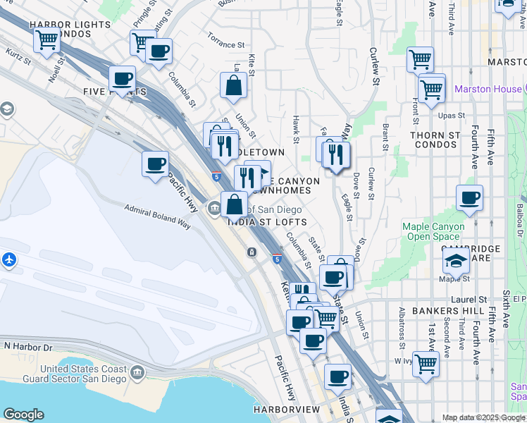 map of restaurants, bars, coffee shops, grocery stores, and more near 1304 West Redwood Street in San Diego