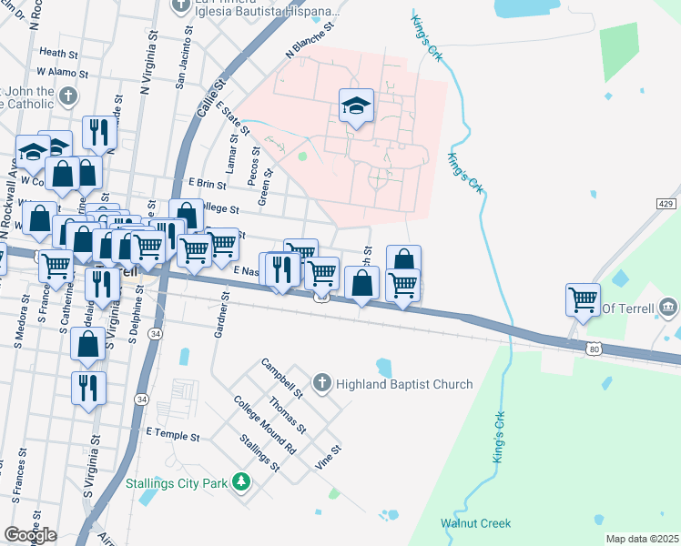 map of restaurants, bars, coffee shops, grocery stores, and more near 115 North Burch Street in Terrell
