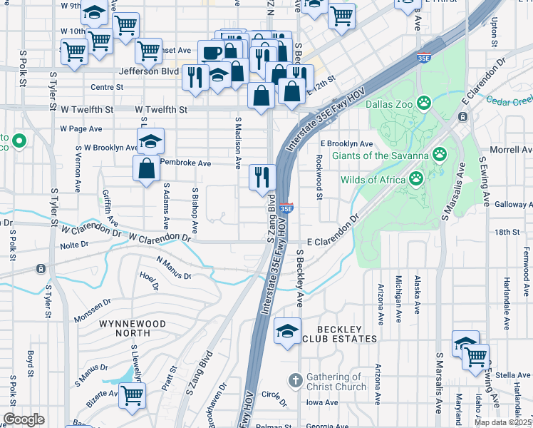 map of restaurants, bars, coffee shops, grocery stores, and more near 1005 South Zang Boulevard in Dallas