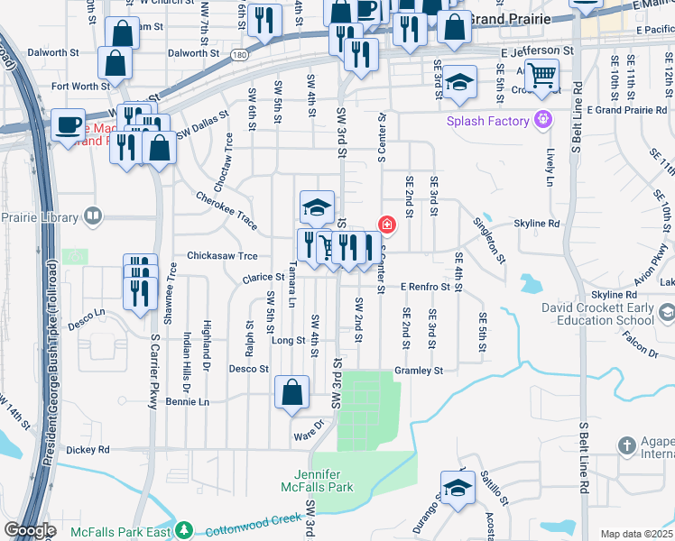 map of restaurants, bars, coffee shops, grocery stores, and more near 300 Clarice Street in Grand Prairie