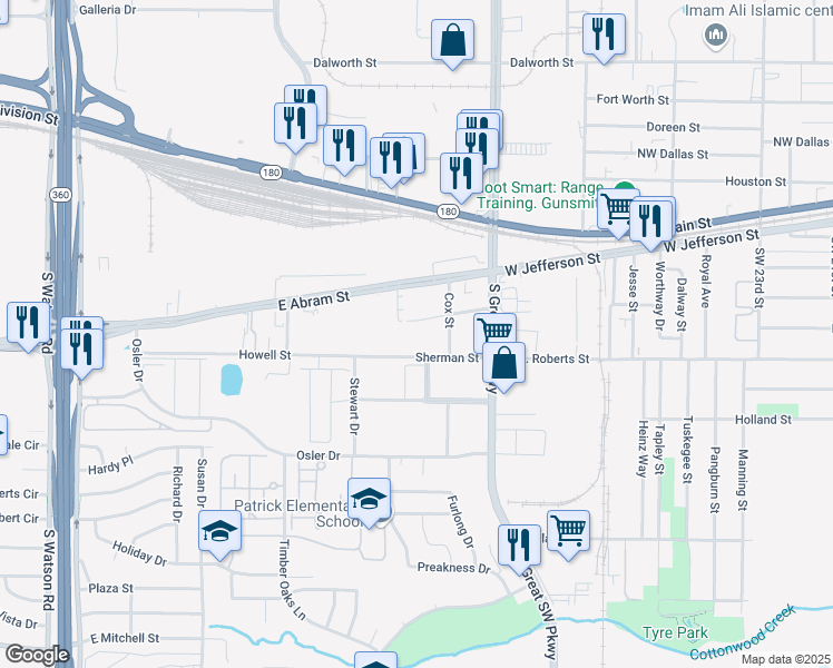 map of restaurants, bars, coffee shops, grocery stores, and more near 2715 Hines Avenue in Grand Prairie