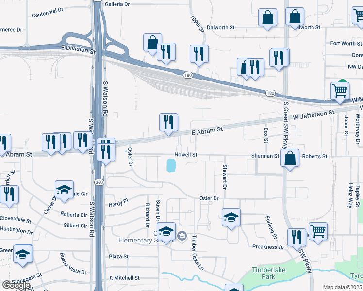 map of restaurants, bars, coffee shops, grocery stores, and more near 3020 East Abram Street in Arlington
