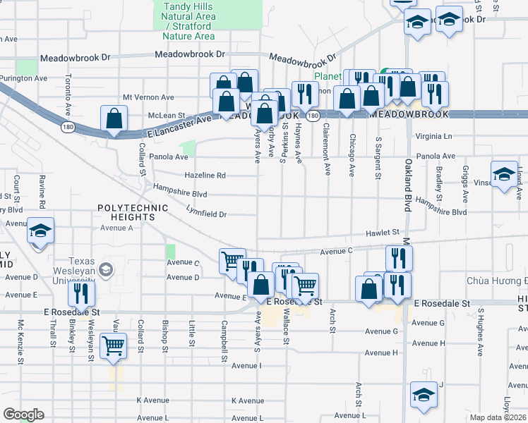 map of restaurants, bars, coffee shops, grocery stores, and more near 821 South Ayers Avenue in Fort Worth