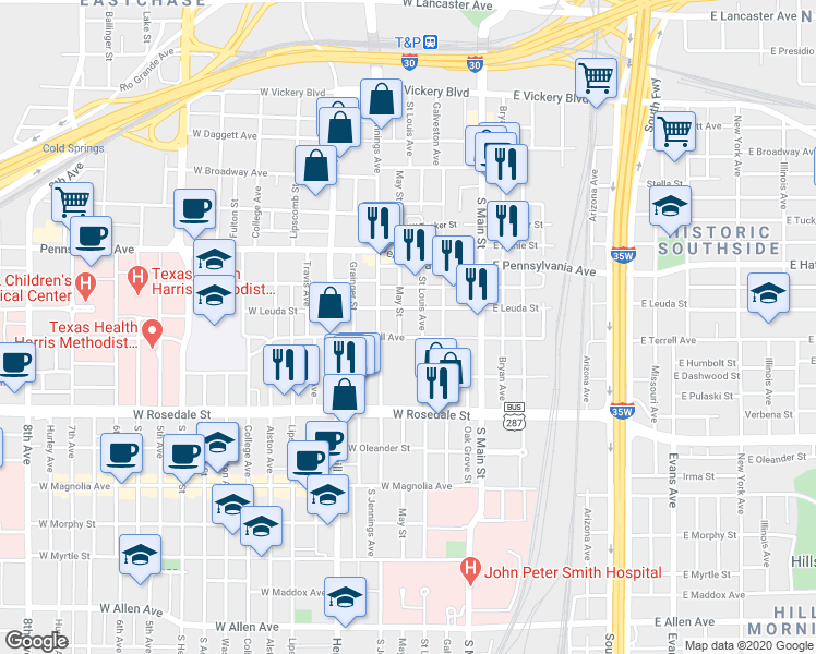 map of restaurants, bars, coffee shops, grocery stores, and more near 815 May Street in Fort Worth