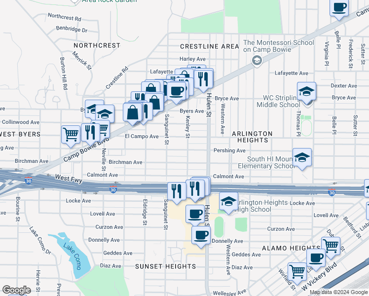 map of restaurants, bars, coffee shops, grocery stores, and more near 4718 Pershing Avenue in Fort Worth