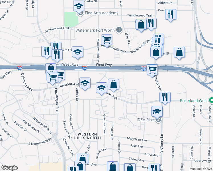 map of restaurants, bars, coffee shops, grocery stores, and more near 8301 Heidi Lane in Fort Worth