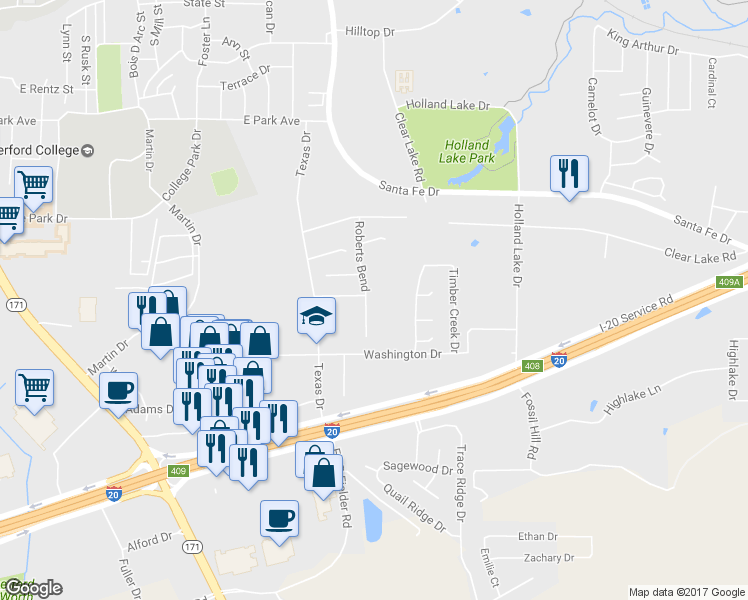 map of restaurants, bars, coffee shops, grocery stores, and more near 1701 Roberts Bend in Weatherford