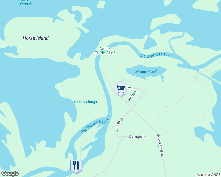 map of restaurants, bars, coffee shops, grocery stores, and more near 2339 Blair Landing Road in Karnack