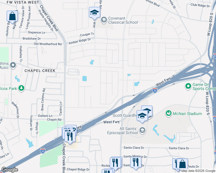 map of restaurants, bars, coffee shops, grocery stores, and more near 9904-9978 West Freeway in Fort Worth