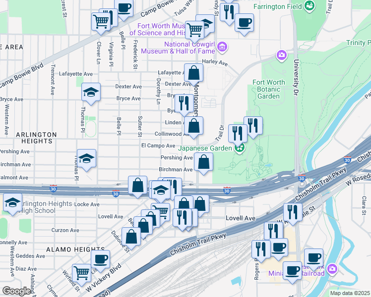 map of restaurants, bars, coffee shops, grocery stores, and more near 3621 El Campo Avenue in Fort Worth