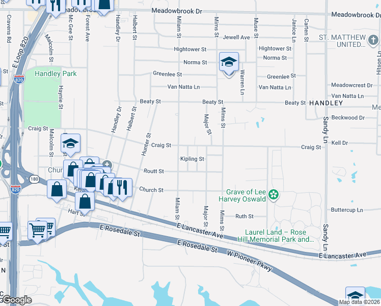 map of restaurants, bars, coffee shops, grocery stores, and more near 2913 Louis Street in Fort Worth