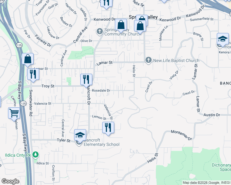 map of restaurants, bars, coffee shops, grocery stores, and more near 9105A Rosedale Drive in Spring Valley