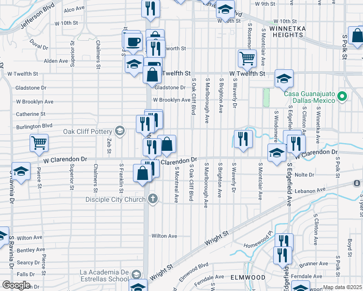 map of restaurants, bars, coffee shops, grocery stores, and more near 929 South Oak Cliff Boulevard in Dallas