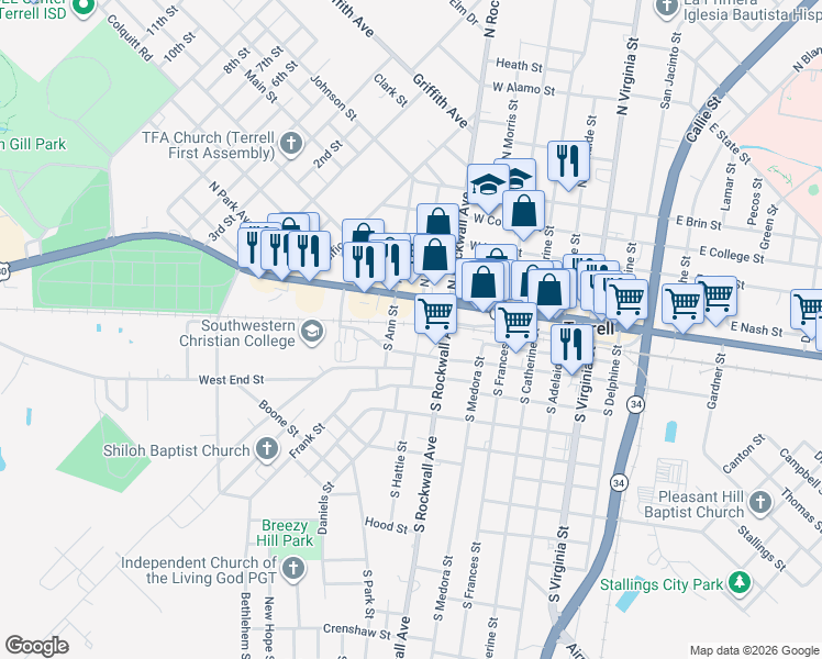 map of restaurants, bars, coffee shops, grocery stores, and more near 202 South Hattie Street in Terrell