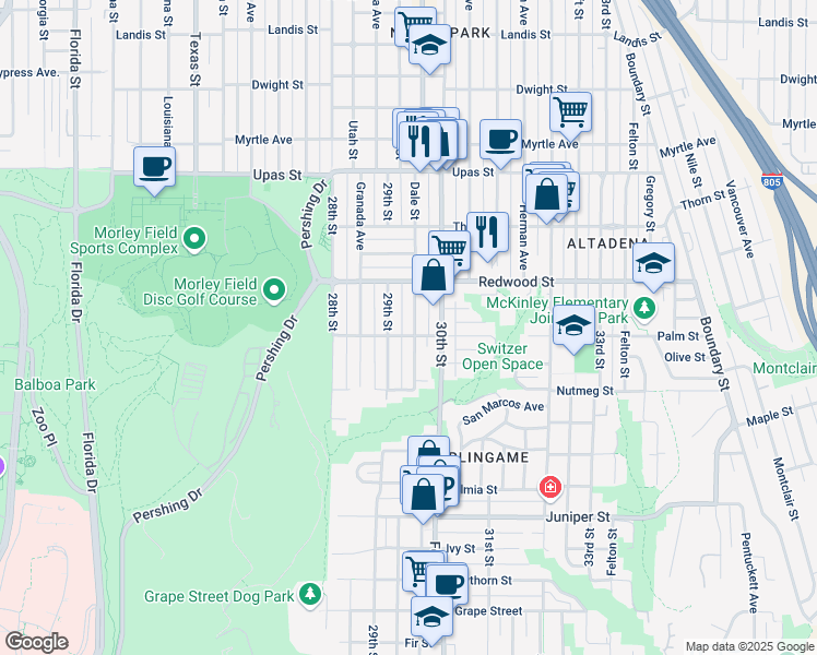map of restaurants, bars, coffee shops, grocery stores, and more near 2914 Dale Street in San Diego