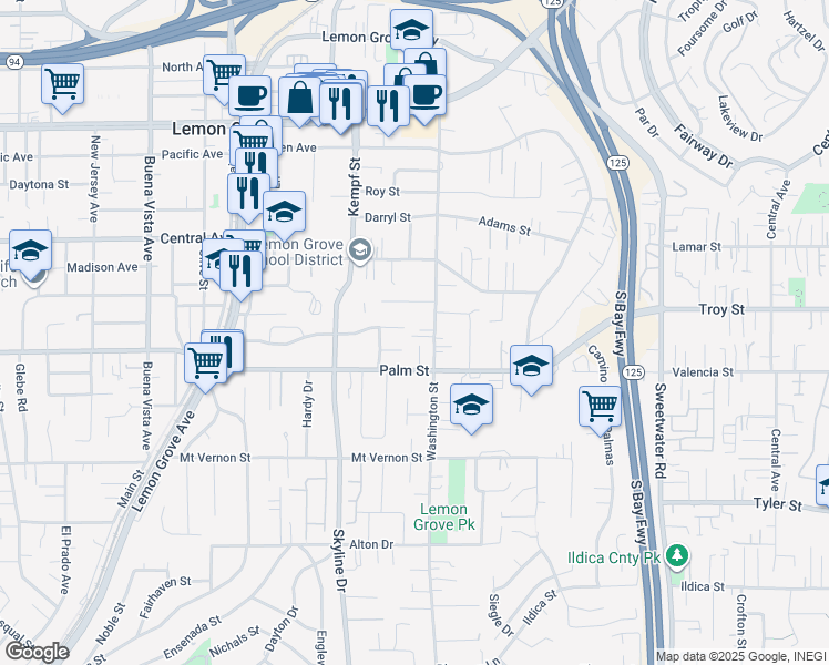 map of restaurants, bars, coffee shops, grocery stores, and more near 8154 Lawrence Ln in Lemon Grove