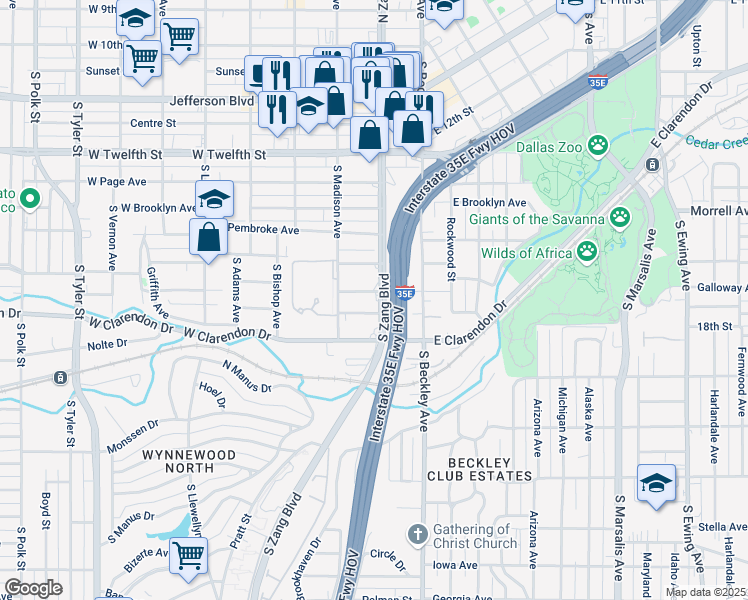 map of restaurants, bars, coffee shops, grocery stores, and more near 1005 South Zang Boulevard in Dallas