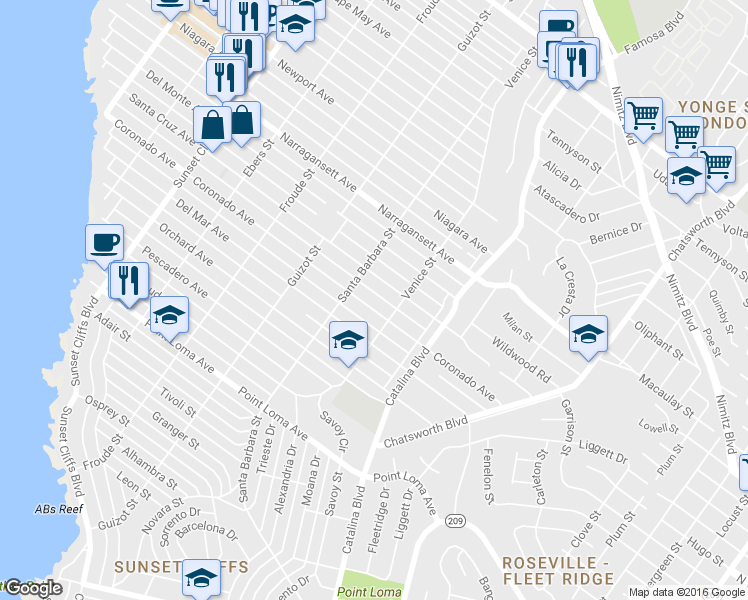 map of restaurants, bars, coffee shops, grocery stores, and more near 4344 Coronado Avenue in San Diego