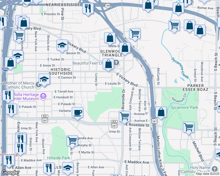 map of restaurants, bars, coffee shops, grocery stores, and more near 1643 East Terrell Avenue in Fort Worth