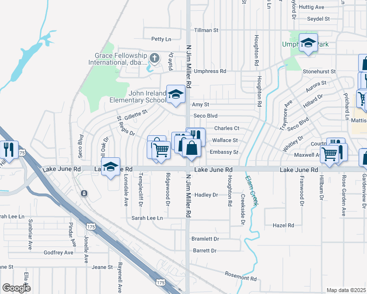map of restaurants, bars, coffee shops, grocery stores, and more near 7067 Saint Regis Drive in Dallas