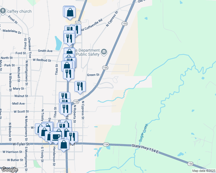 map of restaurants, bars, coffee shops, grocery stores, and more near 17 Evergreen Park Drive in Gilmer
