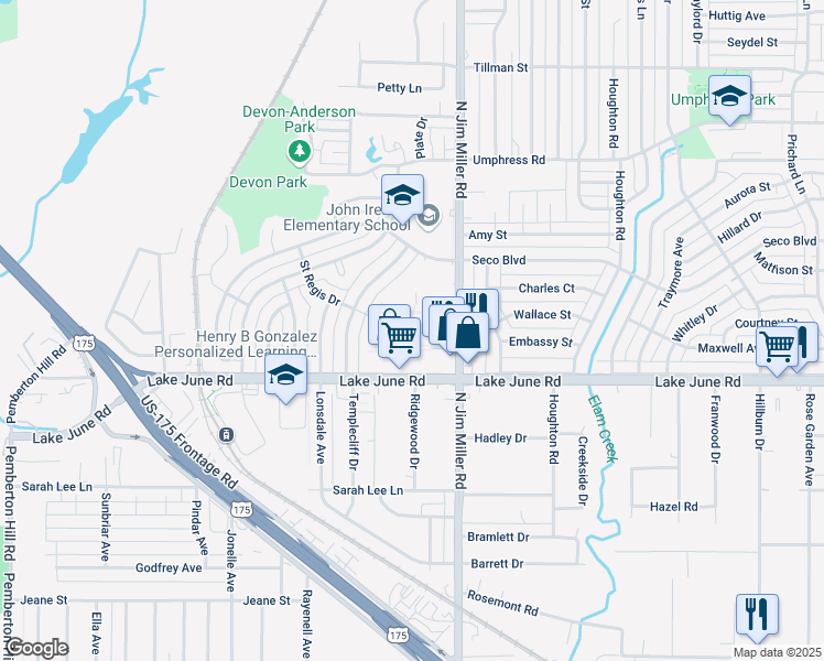 map of restaurants, bars, coffee shops, grocery stores, and more near 6977 Saint Regis Drive in Dallas