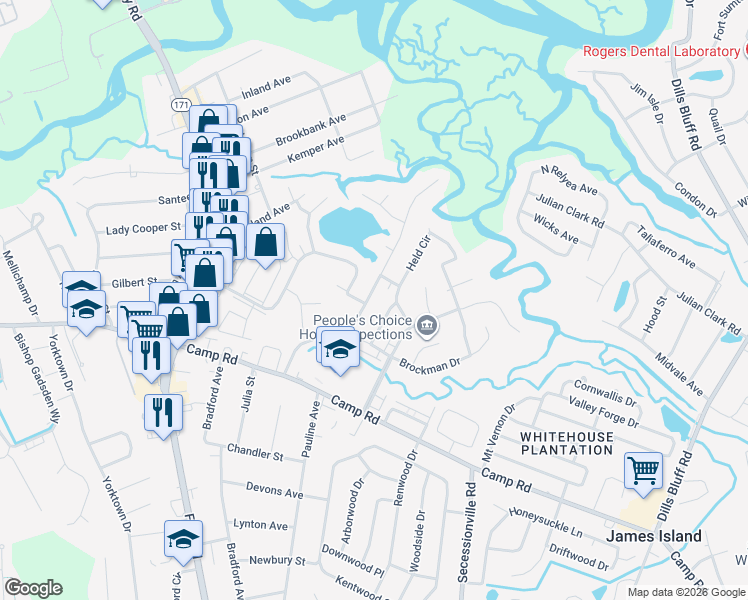 map of restaurants, bars, coffee shops, grocery stores, and more near 107 Oyster Point Row in Charleston