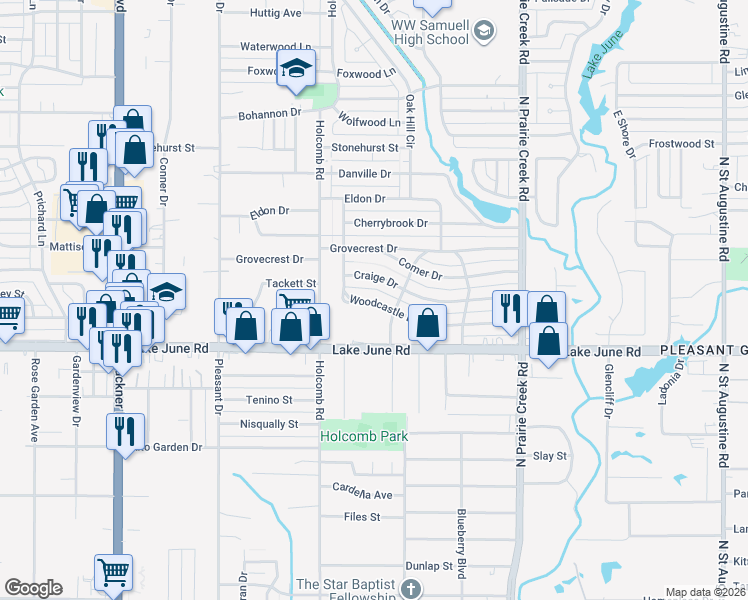 map of restaurants, bars, coffee shops, grocery stores, and more near 8627 Woodcastle Dr in Dallas