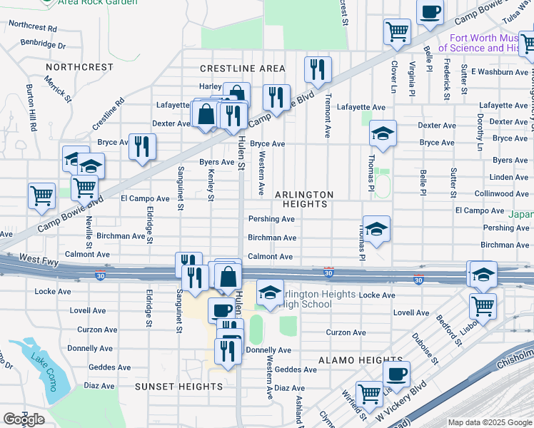 map of restaurants, bars, coffee shops, grocery stores, and more near 4500 Pershing Avenue in Fort Worth